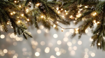Magical and Vivid Realistic Christmas Garland Border with a Halo of Sparkling Soft Lights and Fresh Pine Branches