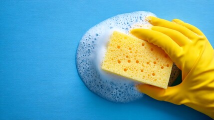 Hand in yellow glove cleaning with a sponge and suds on a blue textured .