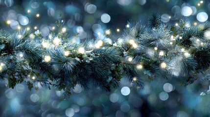 Magical and Vivid Realistic Christmas Garland Border with a Halo of Sparkling Soft Lights and Fresh Pine Branches