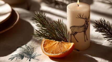 Intricate Minimalist Candle Art with Pine Branches, Orange Slice, and Reindeer Line Art Celebrating Holiday Decor in a Sophisticated Style