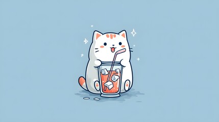 Highly Detailed and Playful Vector Illustration of a Kawaii Cat Enjoying a Refreshing Beverage with Clean Lines and Vibrant Colors Emphasizing Adorable Charm