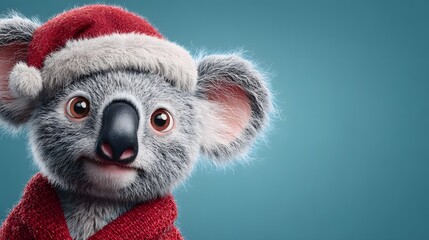 Adorable Illustrated Koala Bear in a Jolly Santa Hat and Vibrant Red Outfit with Extended Copy Space for Holiday Graphic Designs