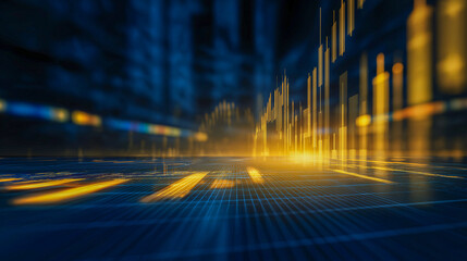 Futuristic financial chart with glowing yellow and blue lines, digital grid, and abstract cityscape background, representing decentralized finance and modern trading technology