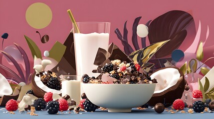 Luxurious Gourmet Breakfast Vector Illustration Featuring a Decadent Coco and Choco Granola Bowl with a Pristine Glass of Milk in a Vibrant Composition
