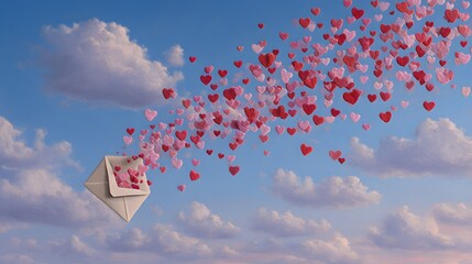 Intricate portrayal of an open envelope releasing a vibrant cascade of red and pink hearts into a serene sky filled with delicate artistic charm