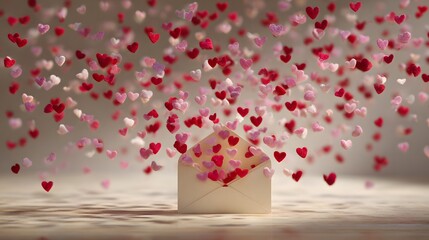 Heartwarming depiction of an envelope gently scattering a multitude of delicate red and soft pink hearts into an airy space filled with poetic charm