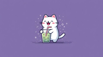 Highly Detailed and Playful Vector Illustration of a Kawaii Cat Enjoying a Refreshing Beverage with Clean Lines and Vibrant Colors Emphasizing Adorable Charm