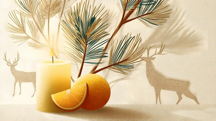 Elegant Festive Illustration Featuring a Simplistic Candle Adorned with Refined Pine Branches, a Zesty Orange Wedge, and Graceful Reindeer Line Drawings for Modern Holiday Decor