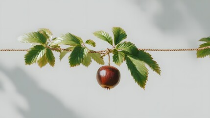 Cheerful Animated Chestnut Fruit on a Vibrant Green Vine with Sunlight Illuminating a Minimalistic White Background in a Whimsical Fantasy Setting