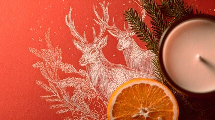 Modern Holiday Decor Concept with Minimalist Candle, Pine Needles, Orange Segment, and Artistic Reindeer Sketches Merging Simplicity and Seasonal Warmth