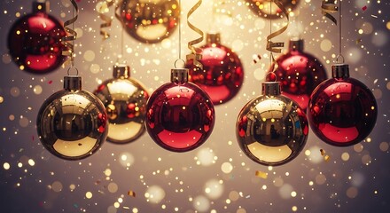 Festive red and gold christmas ornaments hanging with sparkling lights and snowflakes