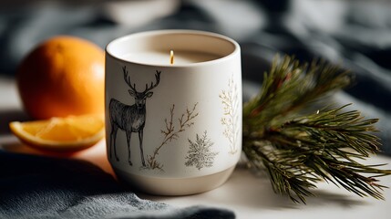 Modern Holiday Decor Concept with Minimalist Candle, Pine Needles, Orange Segment, and Artistic Reindeer Sketches Merging Simplicity and Seasonal Warmth