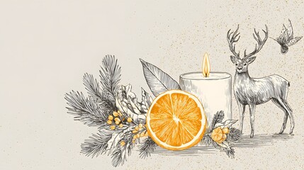 Elegant Festive Illustration Featuring a Simplistic Candle Adorned with Refined Pine Branches, a Zesty Orange Wedge, and Graceful Reindeer Line Drawings for Modern Holiday Decor