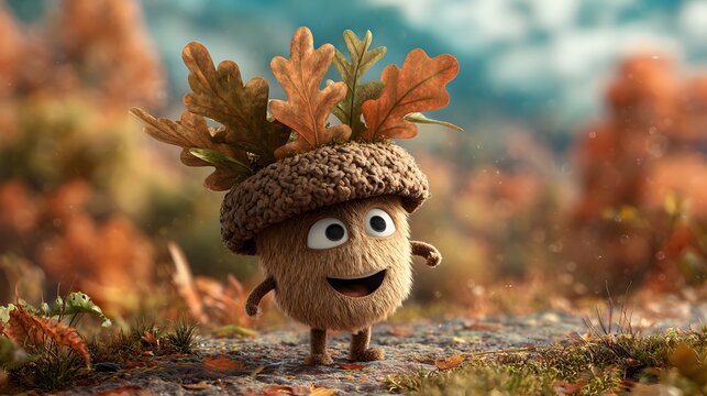 Intricate artwork of a jovial acorn cartoon character with a stylish oak leaf hat, celebrating the crisp energy and charm of autumn
