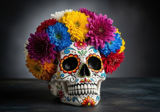 A traditional dia de los muertos sugar skull adorned with a vibrant crown of colorful chrysanthemums against a dark, moody background - Powered by Adobe