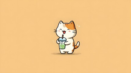 Highly Detailed and Playful Vector Illustration of a Kawaii Cat Enjoying a Refreshing Beverage with Clean Lines and Vibrant Colors Emphasizing Adorable Charm