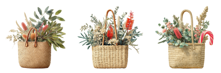Woven Baskets with Dried Flowers and Candy Cane isolated on a transparent background