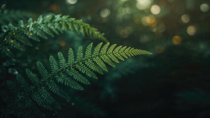 Close-up of green fern leaves with bokeh light background in a natural forest setting
