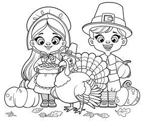 Cute cartoon pilgrim boy and girl hold a pumpkin pie and with cartoon turkey wearing a pilgrim hat outlined