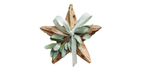 Rustic Wooden Star Ornament with Eucalyptus isolated on a transparent background