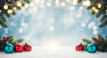 Festive christmas background with glowing lights and ornaments on snow