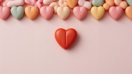Fototapeta premium Group of small heart-shaped candies and one large red heart in the center, on a pastel pink background.