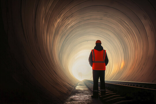 Silhouette engineer wearing orange safety vest and helmet stands inside large tunnel entrance with soft focus, illuminated by warm light, evoking determination and focus