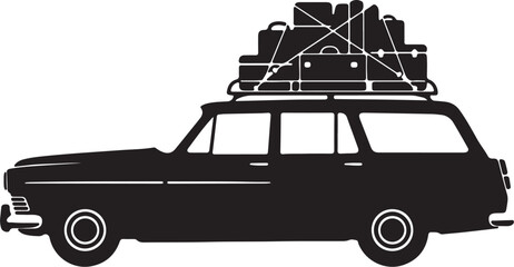 Black Silhouette of a Vintage Station Wagon Car Loaded with Luggage on a Roof Rack retro automobile on transparent background © PixelSaga MH2 