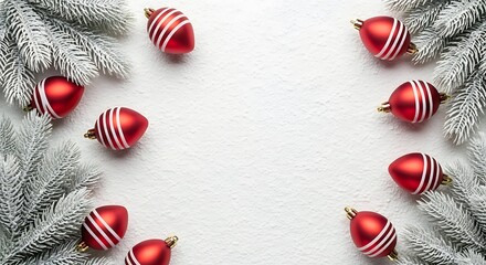 Festive christmas baubles and frosted fir branches arranged on a white background