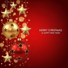 Festive christmas baubles and stars on a rich red background with bokeh lights