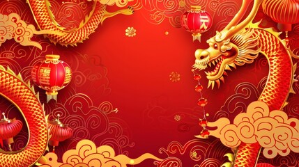 Vibrant golden dragon with ornate lanterns and auspicious clouds creates a dynamic and celebratory backdrop for Lunar New Year or cultural events