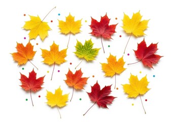 Scattered autumn maple leaves in various colors, isolated on white background