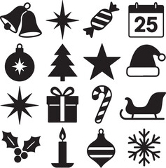 Retro Vintage Black & White Festive Icons Set For Print
