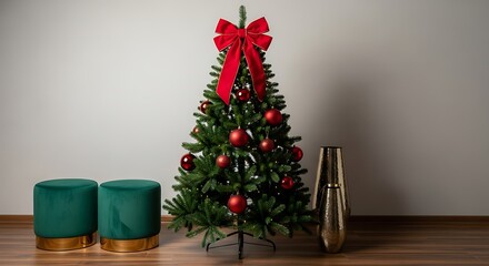 Festively decorated christmas tree with red ornaments and bow flanked by green ottomans
