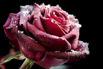 A rose in the snow on a black background in close-up. 