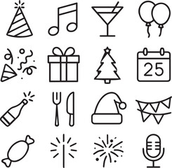 Flat Modern Black & White Christmas Party Icon Collection Vector

