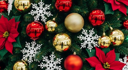 Festive christmas tree decorations with red poinsettias and gold ornaments
