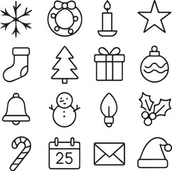Line Art Black & White Elegant Christmas Icons Pack For UI
