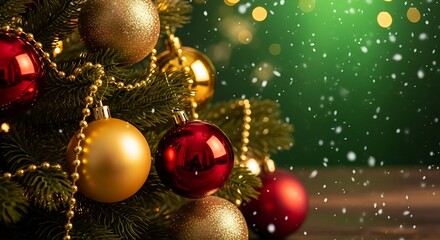 Close up of festive christmas tree ornaments with golden beads and bokeh lights
