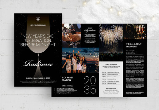 New Year Gala Event Program Template & Brochure Layout for NYE Countdown & Black Tie Fundraisers