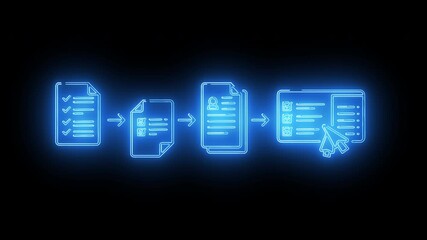 Blue neon document approval workflow with file management and checklist icons