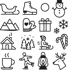 Winter Sports & Fun Black & White Holiday Activity Icons Vector
