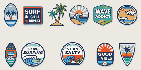 Naklejka premium Collection of retro surf themed graphic patches and stickers with beach ocean palm trees and inspirational phrases