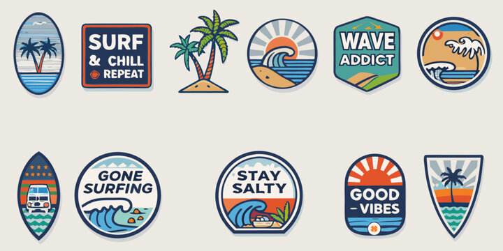 Collection of retro surf themed graphic patches and stickers with beach ocean palm trees and inspirational phrases