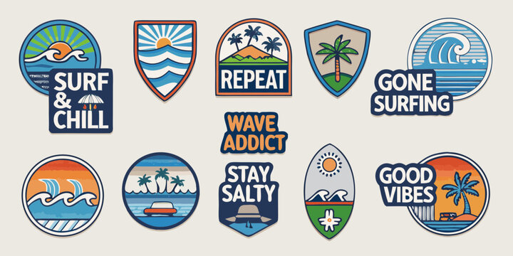 Collection of surf and beach themed stickers with positive messages and ocean imagery
