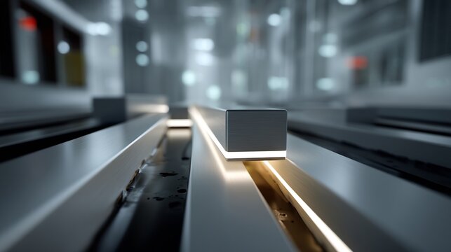 Metallic Linear Rails with Block, Precision Industrial Automation Component Detail on a Blurred Background.