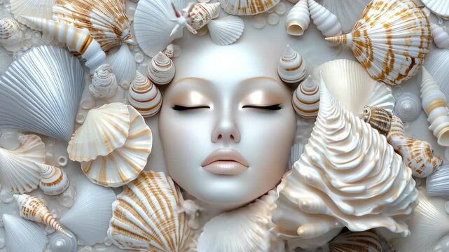 Intricate arrangement of a calm face covered with seashells, emphasizing tranquility and a connection to the ocean environment