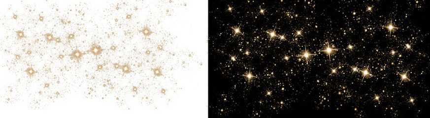 Fototapeta premium PNG image of Golden starlight illuminates the vast expanse of space creating a mesmerizing celestial display with twinkling stars and cosmic dust against the on transparent background