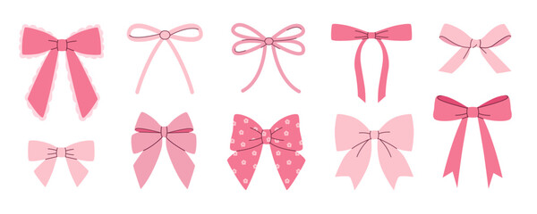 Vector set of cute pink bows in a flat style.  A decorative set, hand-drawn. The vector illustration is isolated.