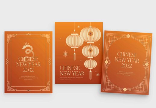 Chinese New Year Poster Flyer Template in Orange & Gold with Asian Lantern, Border & Frame Vector